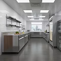 Commercial Kitchen Interior With Stainless Steel Cabinets Long Countertop Ceiling Lights And Window