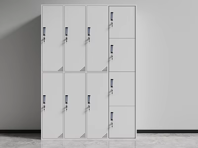 White Multiple Locker Storage Units With Lockable Doors Against Gray Wall And Floor 3d model