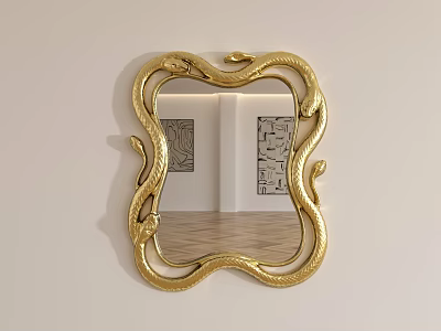 Golden Snake Shaped Frame Mirror Hanging On Wall Reflecting Wooden Floor And Decorative Paintings 3d model
