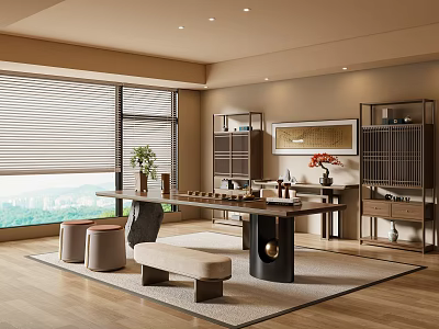 Modern Tea Room With Wooden Furniture Tea Sets City View Venetian Blinds And Storage Cabinets 3d model