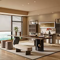 Modern Tea Room With Wooden Furniture Tea Sets City View Venetian Blinds And Storage Cabinets