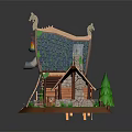 Cartoon Scene of Whimsical Cottage with Blue Thatched Roof Wooden Ladder Green Trees and Stone Chimney