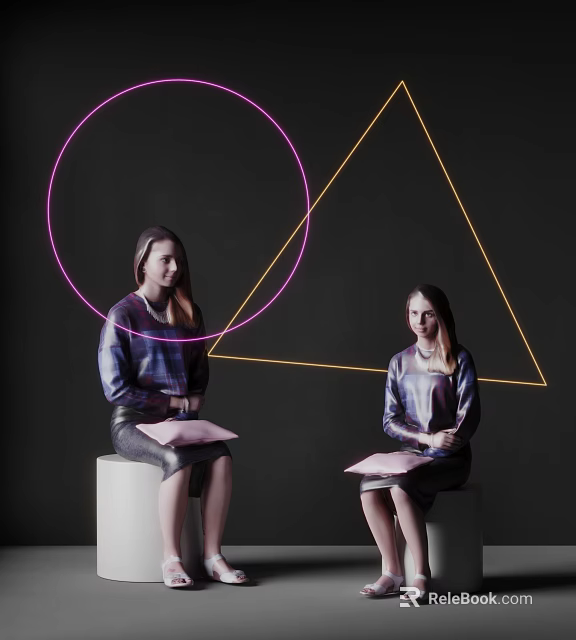 Two Women Sitting on White Cubes Holding Pink Folders with Pink Circles and Yellow Triangles 3d model 
