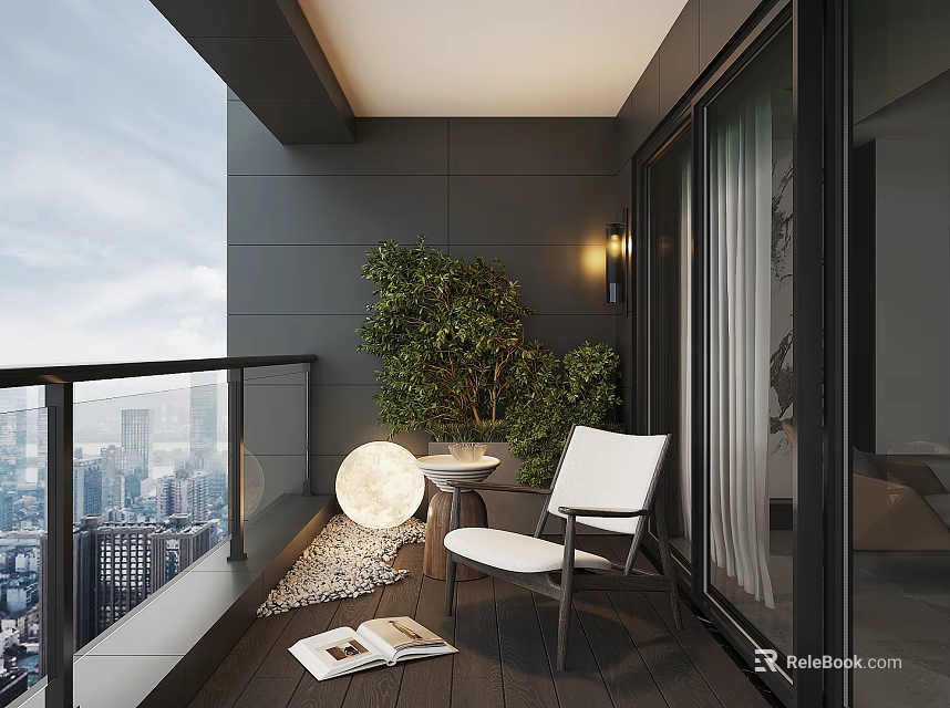 Modern Home Balcony With Wooden Flooring White Chair Green Plants Round Lamp And City View 3d model 
