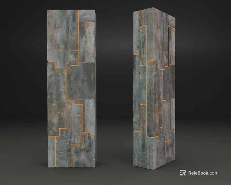 Two Gray Architectural Columns With Geometric Orange Lines And Textured Surface 3d model