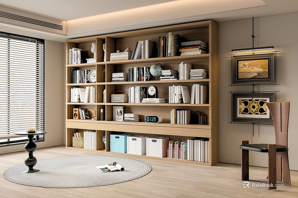 Modern Wooden Multi tiered Bookshelf With Books Decorative Items Storage Boxes In Living Room Interior 3d model 