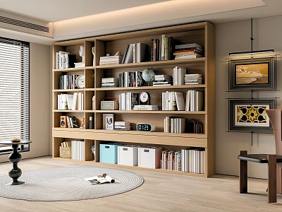 Modern Wooden Multi tiered Bookshelf With Books Decorative Items Storage Boxes In Living Room Interior 3d model