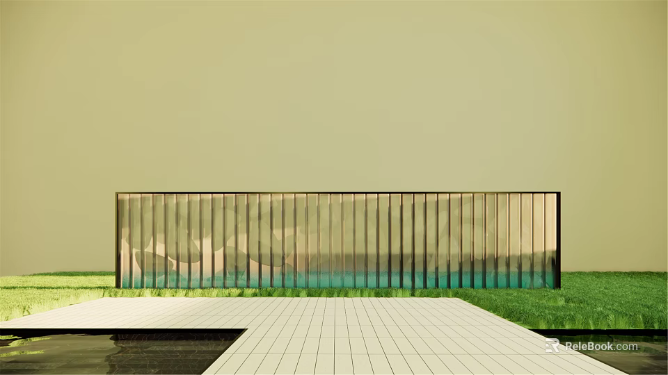 Modern Feature Wall With Vertical Metal Slats And Water Reflection In Garden 3d model 
