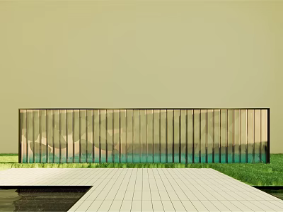 Modern Feature Wall With Vertical Metal Slats And Water Reflection In Garden 3d model