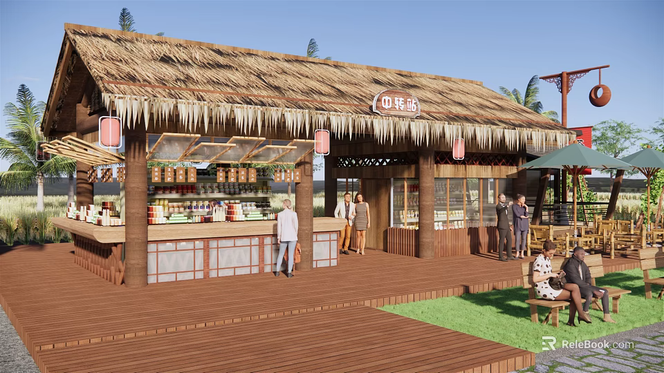 Traditional Post Station Featuring Thatched Roof Wooden Structure Counter Lanterns And Green Plants 3d model 