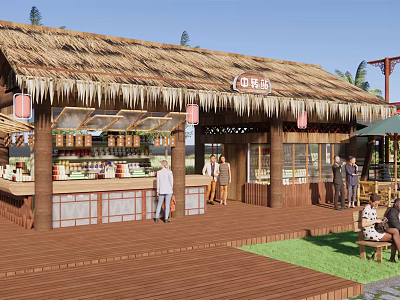 Traditional Post Station Featuring Thatched Roof Wooden Structure Counter Lanterns And Green Plants 3d model