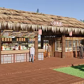 Traditional Post Station Featuring Thatched Roof Wooden Structure Counter Lanterns And Green Plants