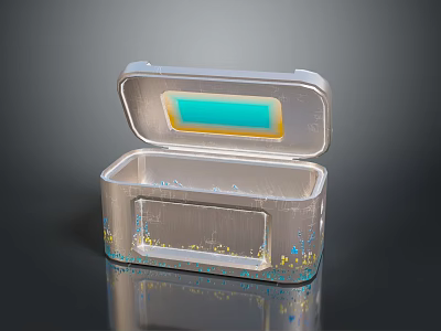 Silver Metal Storage Box With Open Lid Blue Yellow Interior And Blue Dot Decorations 3d model