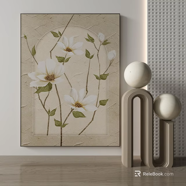 Botanical Painting With White Flowers Green Leaves And Beige Background For Interior Decor 3d model 