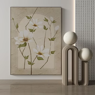 Botanical Painting With White Flowers Green Leaves And Beige Background For Interior Decor 3d model
