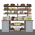 Organized Kitchen Shelves With Various Spice Bottles And Condiments Storage 3d model