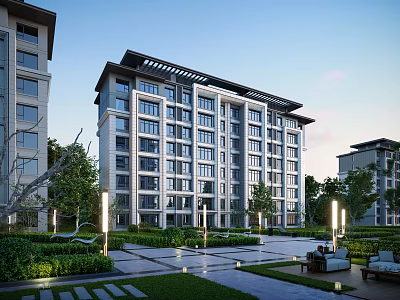Modern Multi Storey Residential Building With Landscaped Garden Lawn Outdoor Seating And Lighting 3d model
