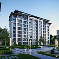 Modern Multi Storey Residential Building With Landscaped Garden Lawn Outdoor Seating And Lighting