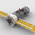 Detailed Spacecraft Building Block Model Featuring Yellow Solar Panels Gray Body And Red Accents
