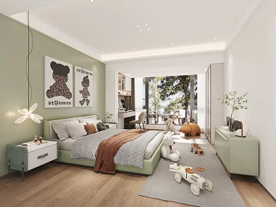 Modern Children's Bedroom With Cartoon Art Toys And Natural Light 3d model