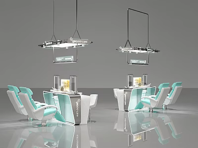 Mall Store Interior Design With Light Blue And White Chairs Hanging Lights And Display Counters 3d model
