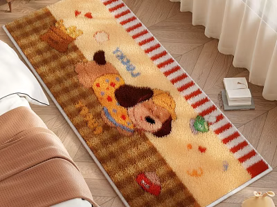 Square Rug With Cartoon Puppy Pattern And Striped Design For Bedroom Floor 3d model