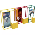 Colorful Retail Display Stands With Yellow Red Green Frames Screens And Yellow Cube Bases