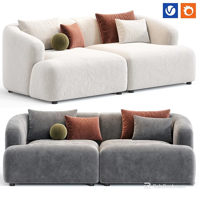 Light And Gray Fabric Sofas With Brown Green Decorative Pillows 3d model 