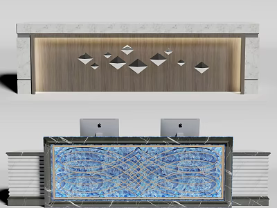 Modern Reception Desk With Marble Top Wooden Panel Blue Textured Surface And Geometric Patterns 3d model