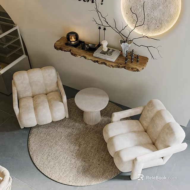 Modern Casual Sofa Set With Beige Upholstery Round Side Table And Decorative Items 3d model 
