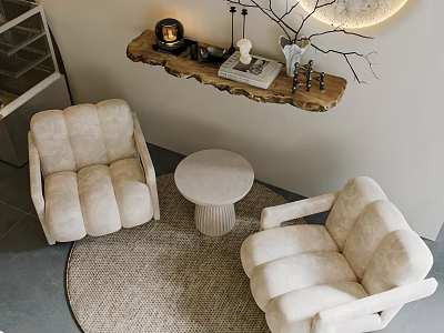 Modern Casual Sofa Set With Beige Upholstery Round Side Table And Decorative Items 3d model