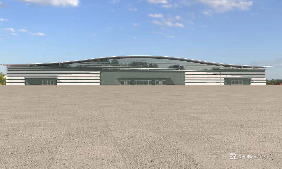 Spacious Square Featuring Modern Building With Curved Roof Large Glass Windows And Blue Sky 3d model 