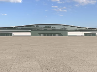 Spacious Square Featuring Modern Building With Curved Roof Large Glass Windows And Blue Sky 3d model