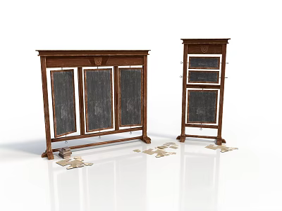 Dark Wooden Standing Paneled Furniture With Multiple Panels And Scattered Decor Items 3d model