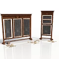 Dark Wooden Standing Paneled Furniture With Multiple Panels And Scattered Decor Items