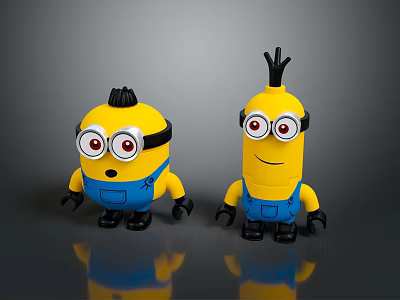 Two Cute Yellow Minions Toy Characters Wearing Blue Overalls And Goggles 3d model