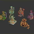 3D Rendered Vintage Industrial Mechanical Equipment Models with Gears Valves Pipes Orange Blue Metal Texture
