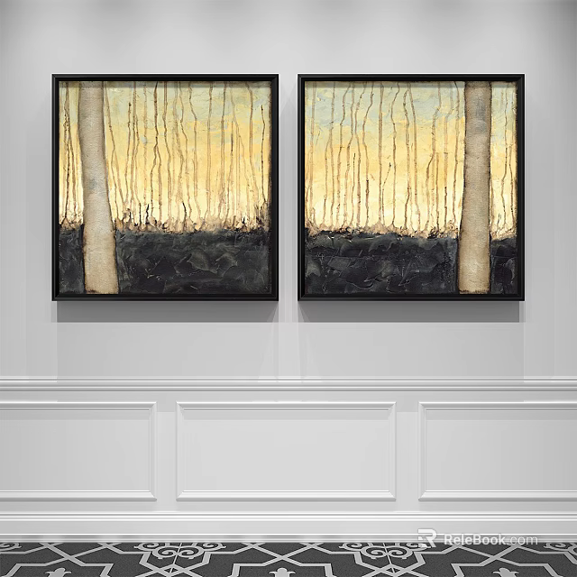 Two Landscape Paintings With Yellow Background Tree Trunks Black Frames Hanging On White Paneled Wall 3d model