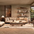 Cozy Living Room With Beige Sofas Wooden Decor Herringbone Floor Decorative Painting And Green Plant