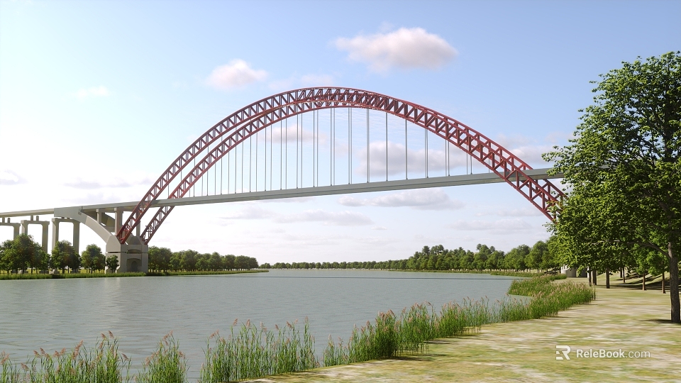 Red Arch Bridge Spanning River With Trees Grass Riverside Path And Blue Sky White Clouds 3d model 
