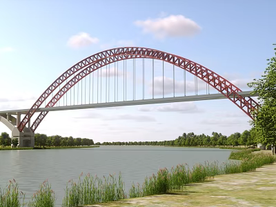Red Arch Bridge Spanning River With Trees Grass Riverside Path And Blue Sky White Clouds 3d model