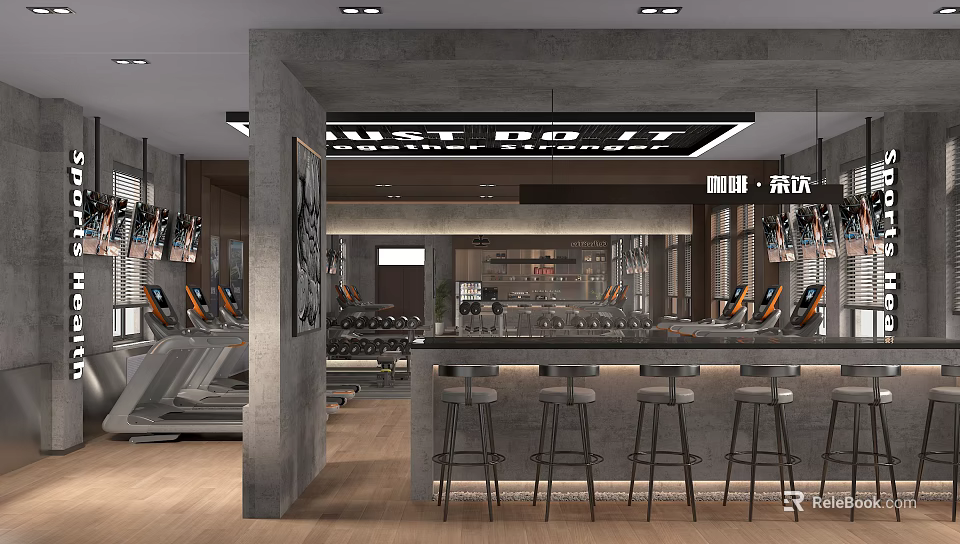 Modern Gym Interior With Just Do It Slogan Treadmills Dumbbells And Bar Stools 3d model