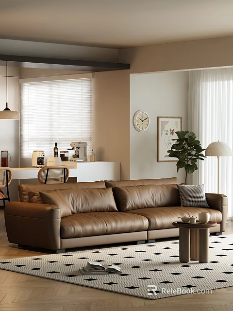 Brown Leather Two Seater Sofa in Modern Living Room with Cushions Side Table and Plant 3d model 