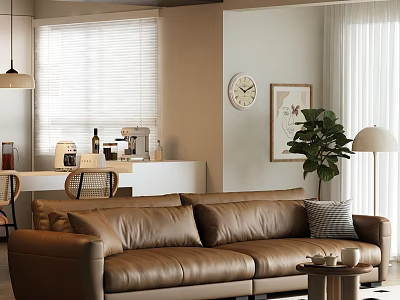 Brown Leather Two Seater Sofa in Modern Living Room with Cushions Side Table and Plant 3d model