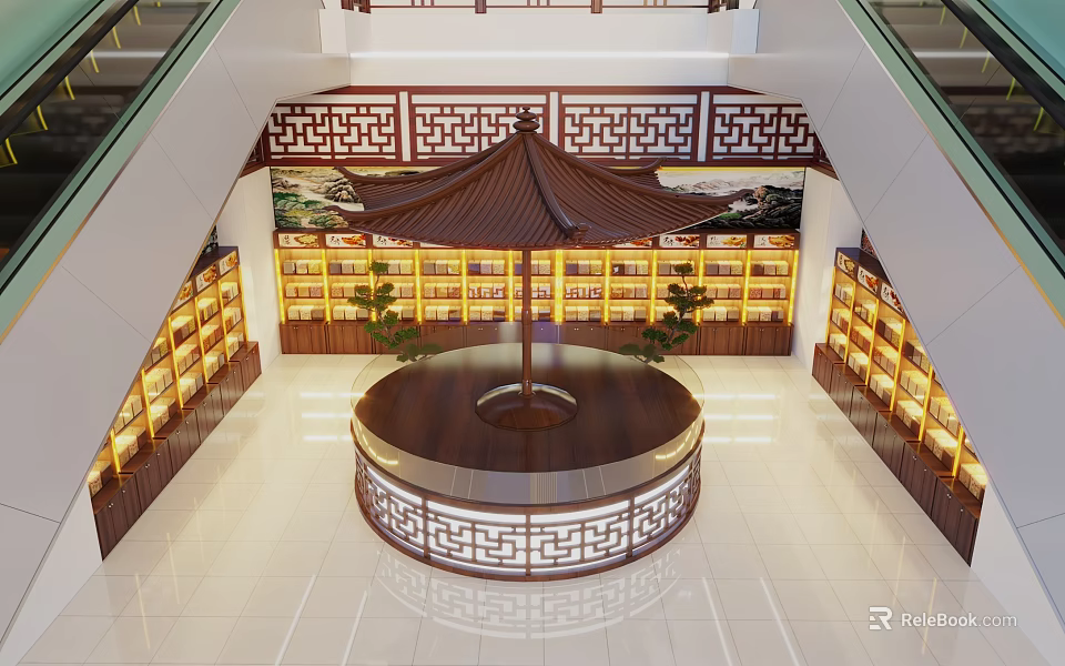 Chinese Style Hotel Lobby With Pagoda Roof Circular Platform Display Shelves And Traditional Patterns 3d model 