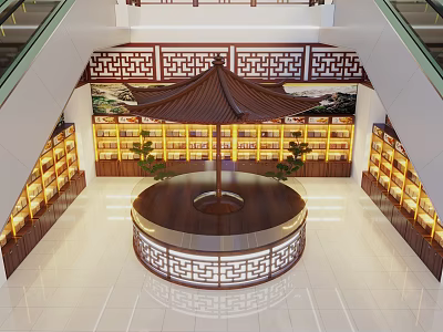 Chinese Style Hotel Lobby With Pagoda Roof Circular Platform Display Shelves And Traditional Patterns 3d model