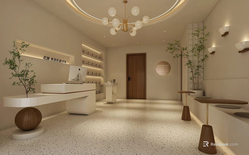 Modern Lounge Interior with Reception Desk Circular Chandelier Wooden Door Terrazzo Floor and Potted Plants 3d model 