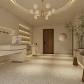 Modern Lounge Interior with Reception Desk Circular Chandelier Wooden Door Terrazzo Floor and Potted Plants