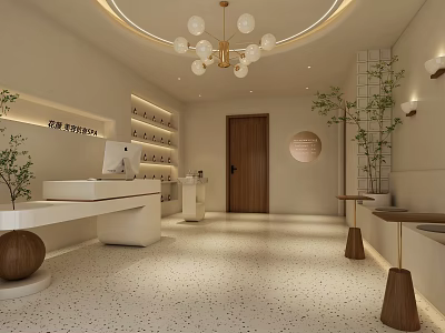 Modern Lounge Interior with Reception Desk Circular Chandelier Wooden Door Terrazzo Floor and Potted Plants 3d model