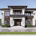 Two Story Detached Villa Exterior With Modern Design Porch Green Plants And Stone Pavement